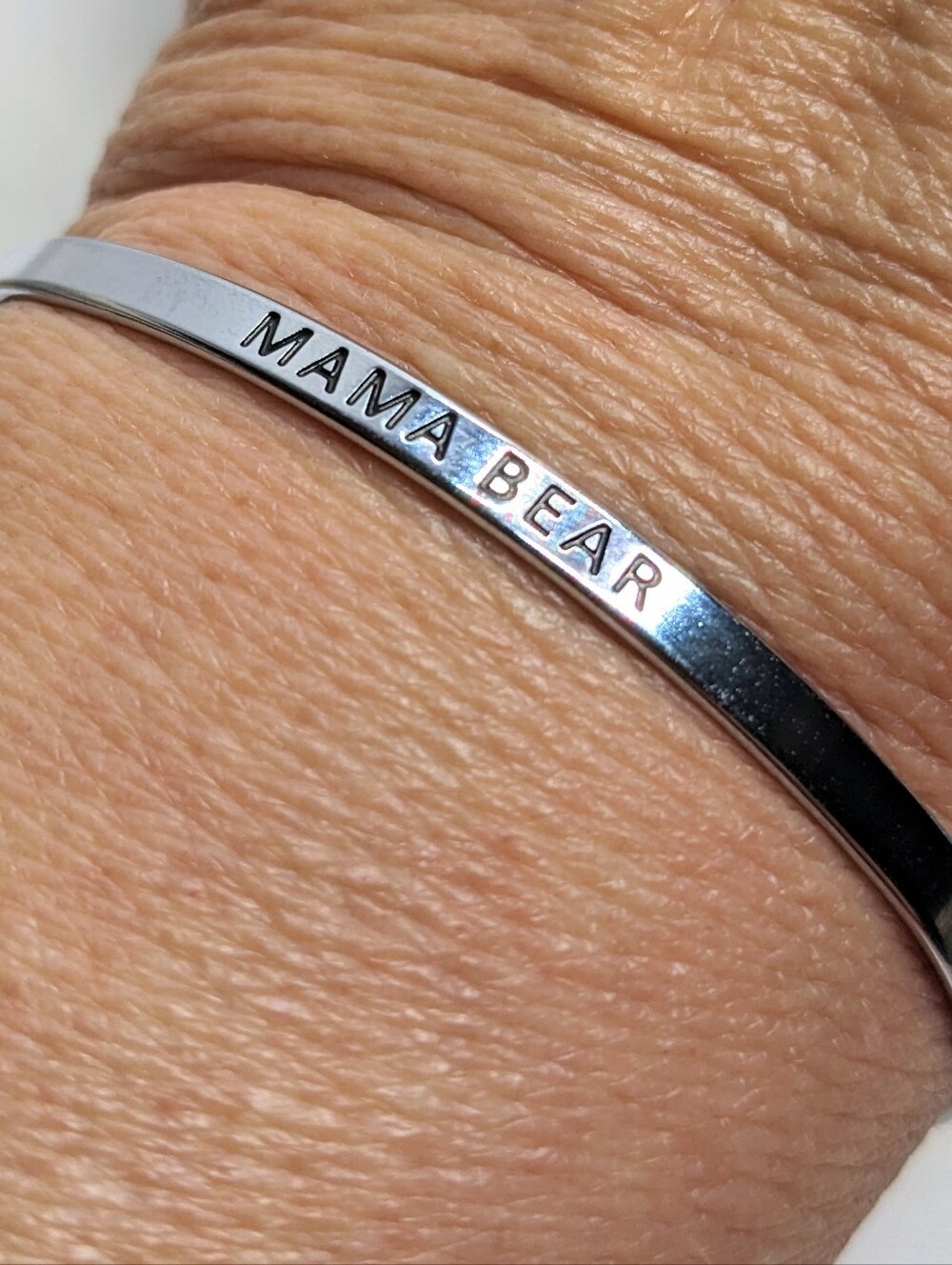 "MAMA BEAR" Slim Stackable Cuff Bracelet, Silvertone, Adjustable, Safety Slider